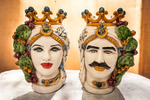 Carica l'immagine nel visualizzatore di Gallery, Coppia Teste di Moro “Ficodindia”  Decorate – Ceramica di Caltagirone Fatto a Mano
