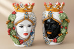 Carica l'immagine nel visualizzatore di Gallery, Coppia Teste di Moro “Ficodindia” Decorato – Ceramica di Caltagirone Fatto a Mano
