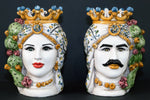 Carica l'immagine nel visualizzatore di Gallery, Coppia Teste di Moro “Ficodindia”  Decorate – Ceramica di Caltagirone Fatto a Mano
