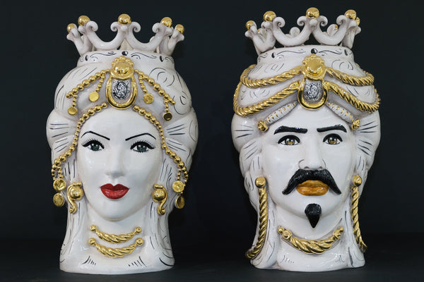 Coppia Teste di Moro “Trecce & Perle Oro” H45cm – Ceramica di Caltagirone Fatto a Mano