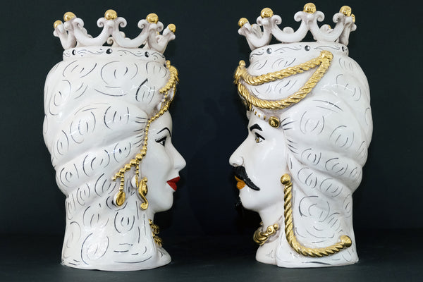 Coppia Teste di Moro “Trecce & Perle Oro” H45cm – Ceramica di Caltagirone Fatto a Mano