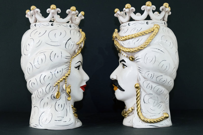 Coppia Teste di Moro “Trecce & Perle Oro” H45cm – Ceramica di Caltagirone Fatto a Mano