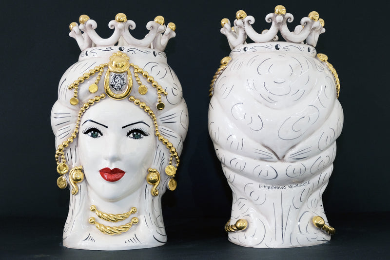 Coppia Teste di Moro “Trecce & Perle Oro” H45cm – Ceramica di Caltagirone Fatto a Mano