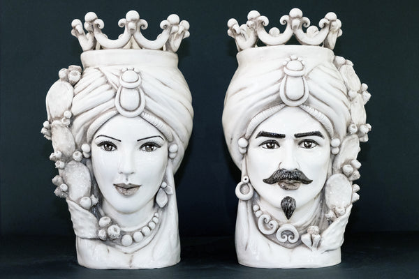 Coppia Teste di Moro “Ficodindia” Fumè H45cm – Ceramica di Caltagirone Fatto a Mano