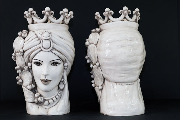 Coppia Teste di Moro “Ficodindia” Fumè H45cm – Ceramica di Caltagirone Fatto a Mano